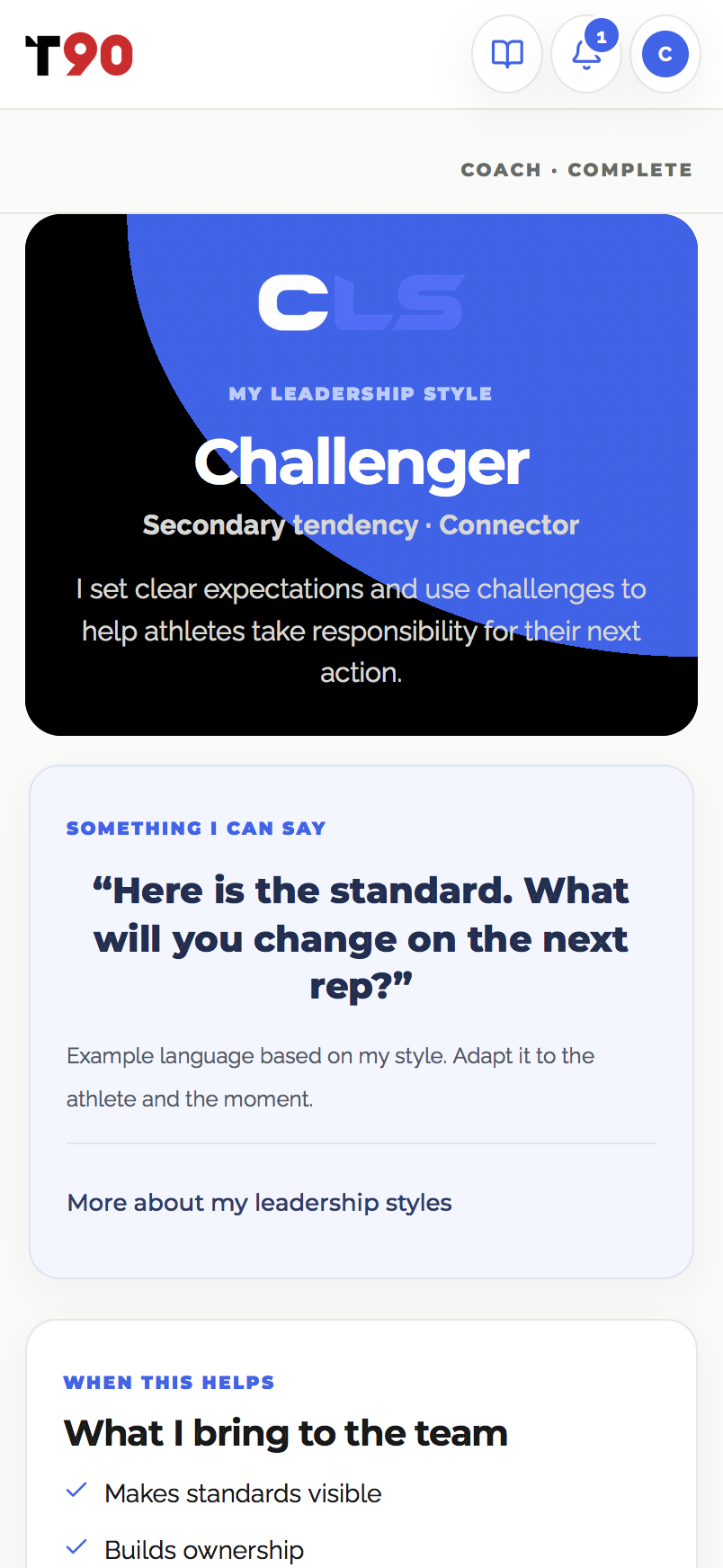 Coach app showing the CLS leadership profile and communication guidance