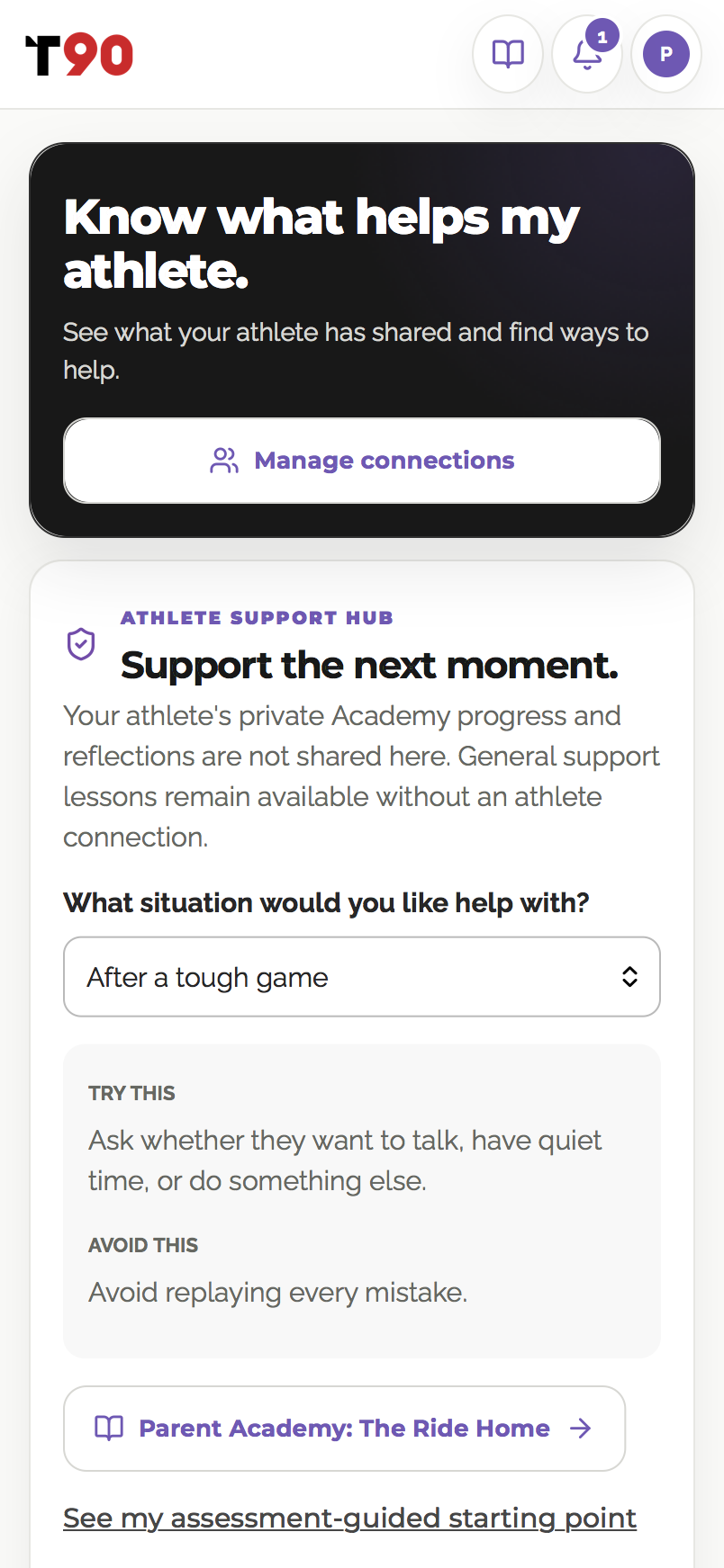Parent app showing permitted athlete guidance and practical support